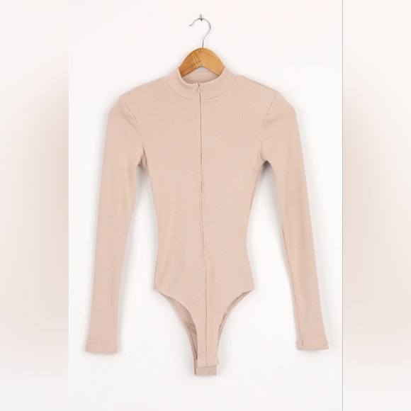 Lulus Up For It Beige Long Sleeve Zip-Front Bodysuit - Picture 6 of 7
